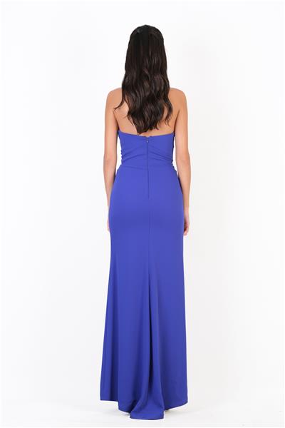 Omera Göğüs Düğümlü Yırtmaçlı Straplez Yaka Uzun Abiye Elbise SAKS