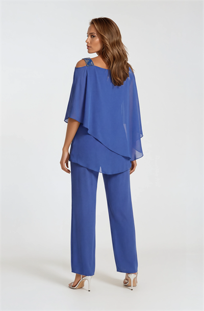 Omuz İşlemeli Şifon Pantolonlu Takım İNDİGO