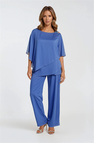 Omuz İşlemeli Şifon Pantolonlu Takım İNDİGO