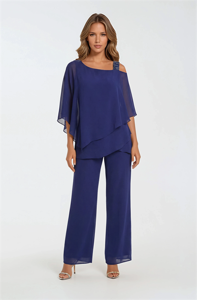 Omuz İşlemeli Şifon Pantolonlu Takım LACİVERT