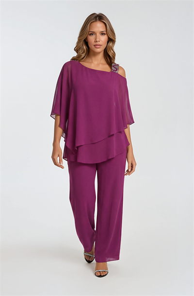 Omuz İşlemeli Şifon Pantolonlu Takım VİŞNE