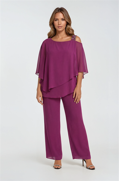 Omuz İşlemeli Şifon Pantolonlu Takım VİŞNE