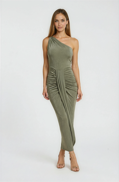 Omuz Metal Aksesuarlı Drapeli Davet Elbisesi HAKİ