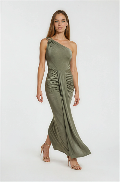 Omuz Metal Aksesuarlı Drapeli Davet Elbisesi HAKİ