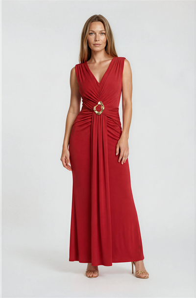 Omuzları Pileli Metal Aksesuarlı Drapeli Davet Elbisesi KIRMIZI