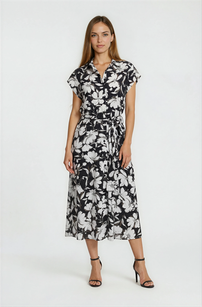 Önden Düğmeli Çiçek Desenli Midi Gömlek Elbise SİYAH