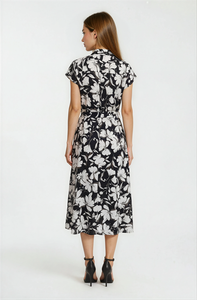 Önden Düğmeli Çiçek Desenli Midi Gömlek Elbise SİYAH