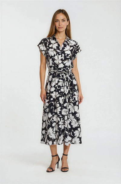 Önden Düğmeli Çiçek Desenli Midi Gömlek Elbise SİYAH