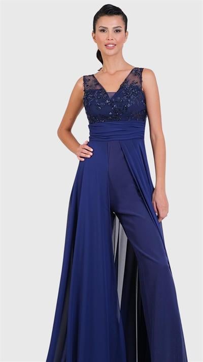 Ondino V Yaka Beli Drapeli Üstü Tül Pullu Abiye Tulum LACİVERT