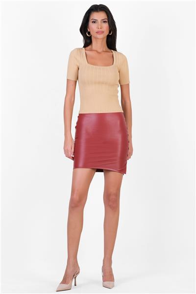 Onilla Yanda Düğme Detaylı Kalem Etek BORDO