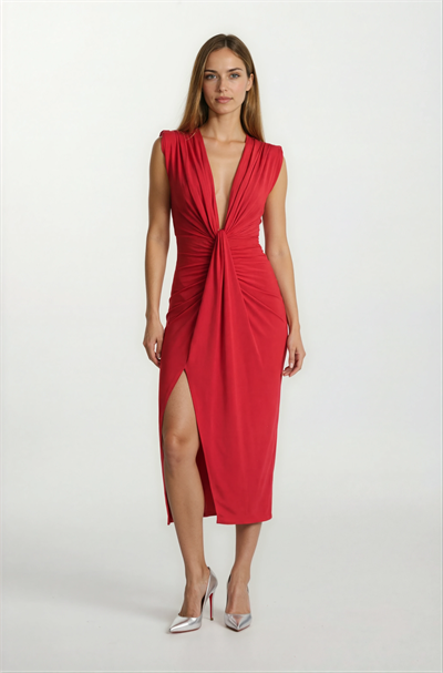 Onisto Omuz Pileli Önü Derin V Uzun Abiye Elbise KIRMIZI