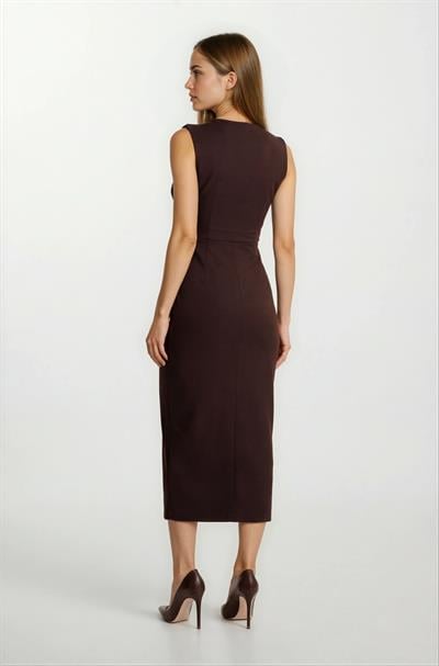 Onisto Omuz Pileli Önü Derin V Uzun Abiye Elbise KAHVE