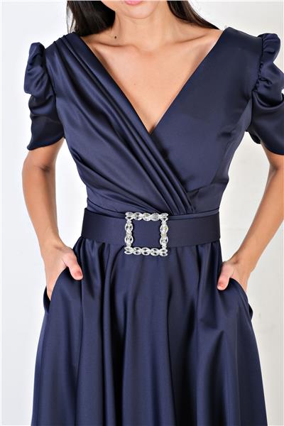 Oprandina Kruvaze Yaka Kemerli Kloş Kısa Abiye Elbise LACİVERT