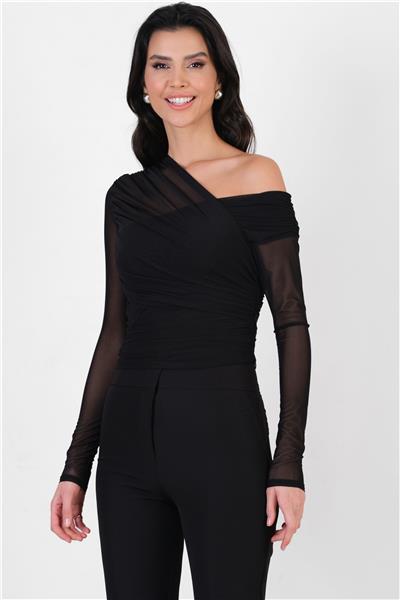 Ordes Kruvaze Omuz Büzgülü Bluz SİYAH