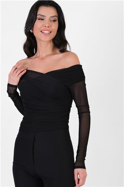 Ordes Kruvaze Omuz Büzgülü Bluz SİYAH