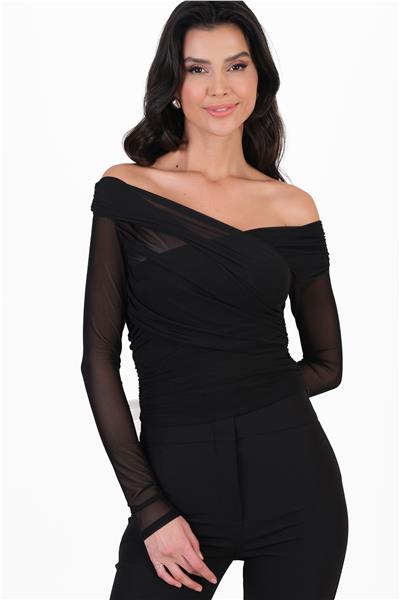 Ordes Kruvaze Omuz Büzgülü Bluz SİYAH