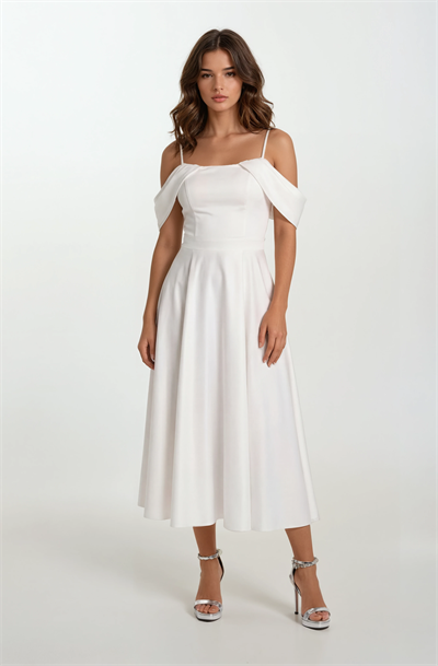 Orfemia Askılı Düşük Kol Kloş Uzun Abiye Elbise EKRU