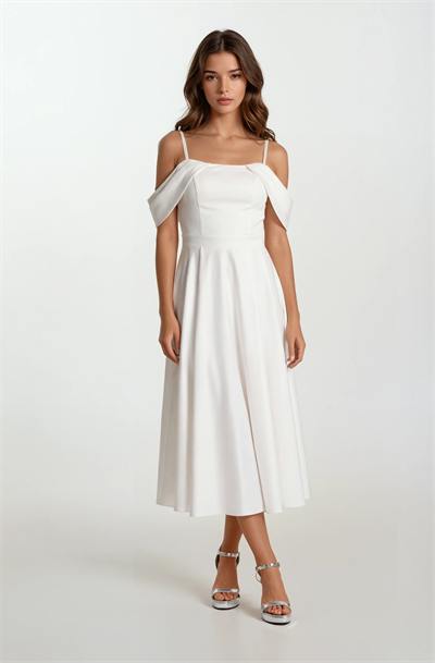 Orfemia Askılı Düşük Kol Kloş Uzun Abiye Elbise EKRU