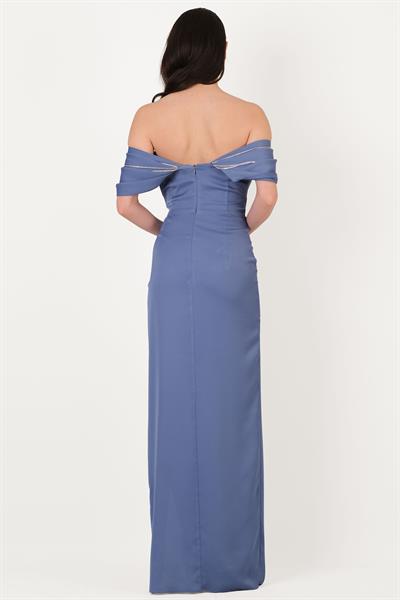 Orfina Straplez Düşük Kol Bel Dpaeli Uzun Abiye Elbise İNDİGO
