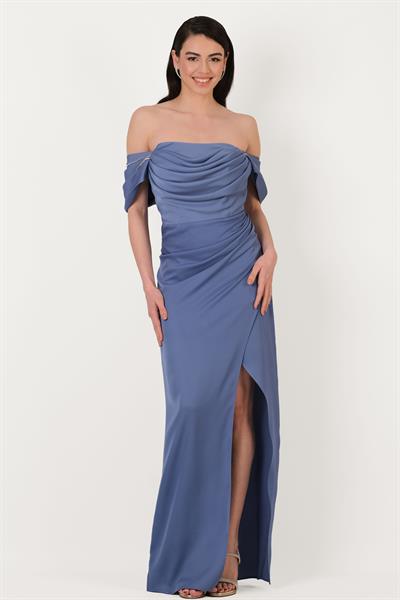 Orfina Straplez Düşük Kol Bel Dpaeli Uzun Abiye Elbise İNDİGO