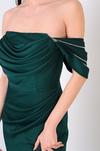 Orfina Straplez Düşük Kol Bel Dpaeli Uzun Abiye Elbise ZÜMRÜT