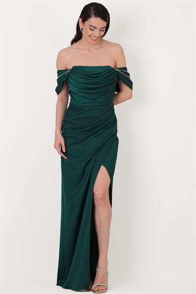 Orfina Straplez Düşük Kol Bel Dpaeli Uzun Abiye Elbise ZÜMRÜT