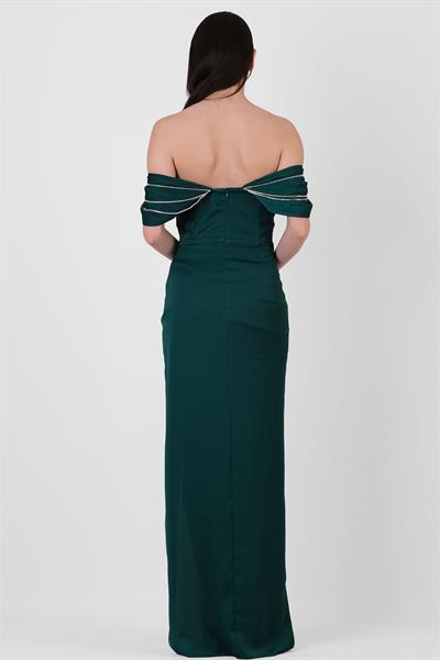 Orfina Straplez Düşük Kol Bel Dpaeli Uzun Abiye Elbise ZÜMRÜT