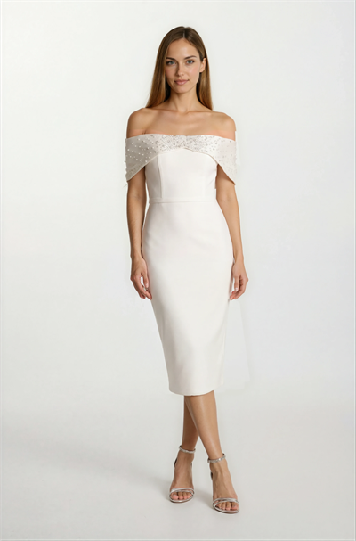 Orielle Düşük Kol Straplez İnci İşlemeli Midi Abiye Elbise EKRU