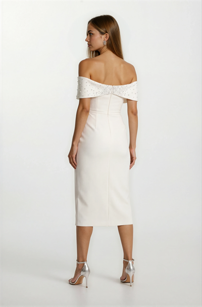Orielle Düşük Kol Straplez İnci İşlemeli Midi Abiye Elbise EKRU