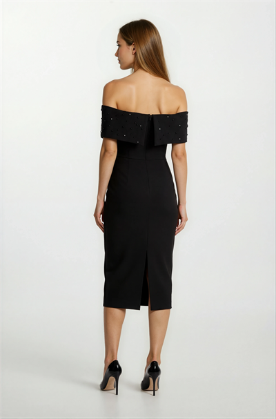 Orielle Düşük Kol Straplez İnci İşlemeli Midi Abiye Elbise SİYAH