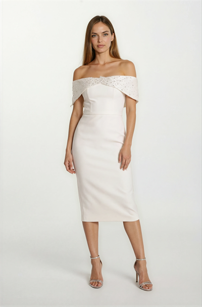Orielle Düşük Kol Straplez İnci İşlemeli Midi Abiye Elbise EKRU