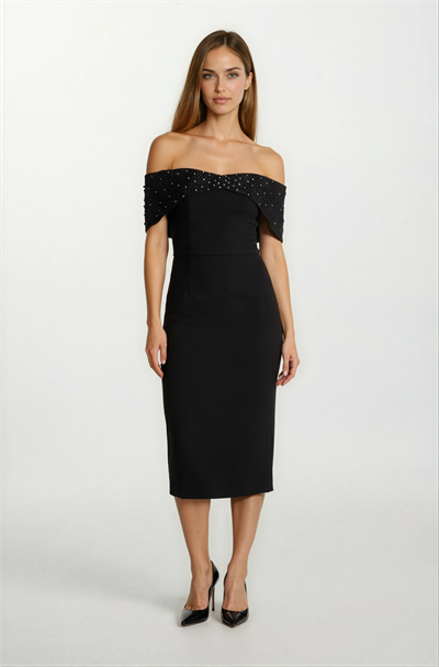 Orielle Düşük Kol Straplez İnci İşlemeli Midi Abiye Elbise SİYAH