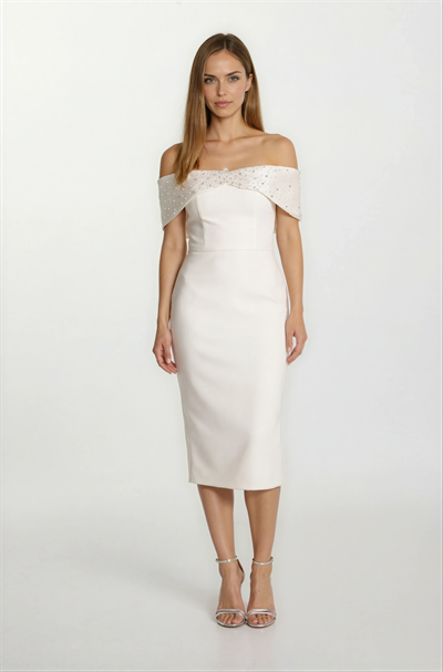Orielle Düşük Kol Straplez İnci İşlemeli Midi Abiye Elbise EKRU