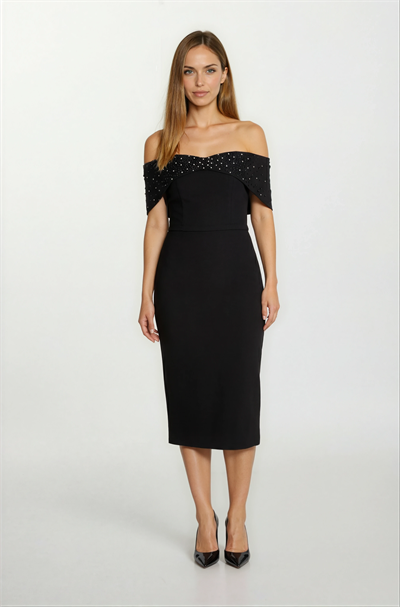 Orielle Düşük Kol Straplez İnci İşlemeli Midi Abiye Elbise SİYAH