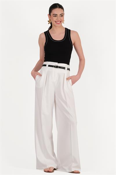 Orilio Yüksek Bel Kemerli Pileli Geniş Paça Pantolon EKRU