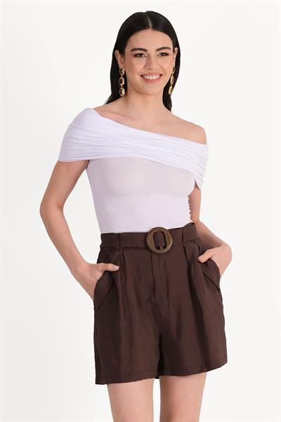 Oriode Beli Kemerli Lastikli Şort KAHVE