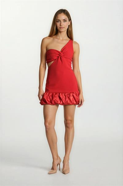 Orlana Tek Kol Kalp Yaka Beli Açık Balon Etek Kısa Abiye Elbise KIRMIZI