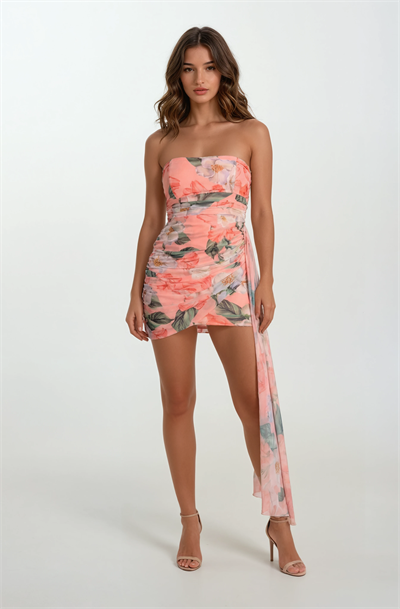 Orleano Straplez Yaka Drapeli Kısa Abiye Elbise PUDRA