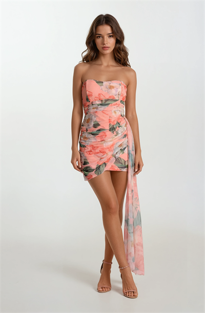 Orleano Straplez Yaka Drapeli Kısa Abiye Elbise PUDRA