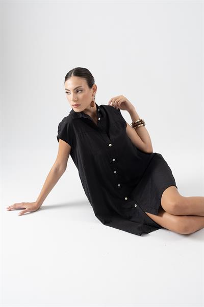 Orlina Gömlek Yaka Önden Düğmeli Salaş Elbise SİYAH