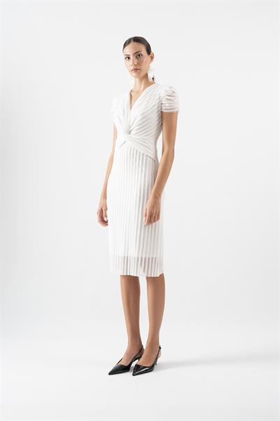 Ormanna V Yaka Beli Düğümlü Kısa Kol Elbise EKRU