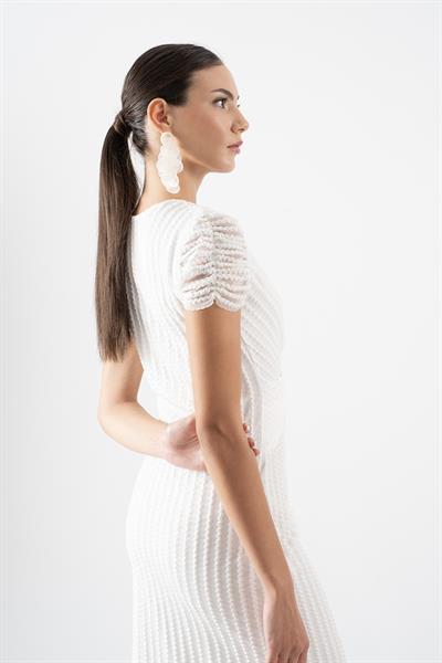 Ormanna V Yaka Beli Düğümlü Kısa Kol Elbise EKRU