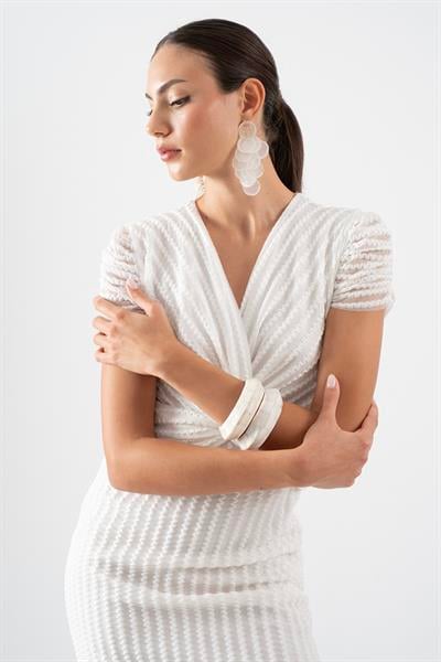 Ormanna V Yaka Beli Düğümlü Kısa Kol Elbise EKRU