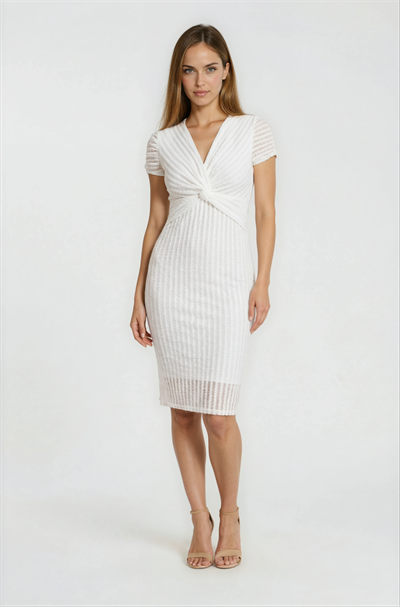 Ormanna V Yaka Beli Düğümlü Kısa Kol Elbise EKRU