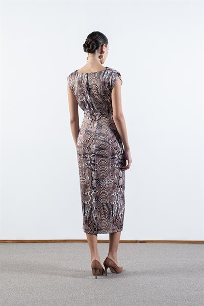 Ormano Degaje Yaka  Kolsuz Belde Düğüm Yırtmaçlı Elbise KAHVE