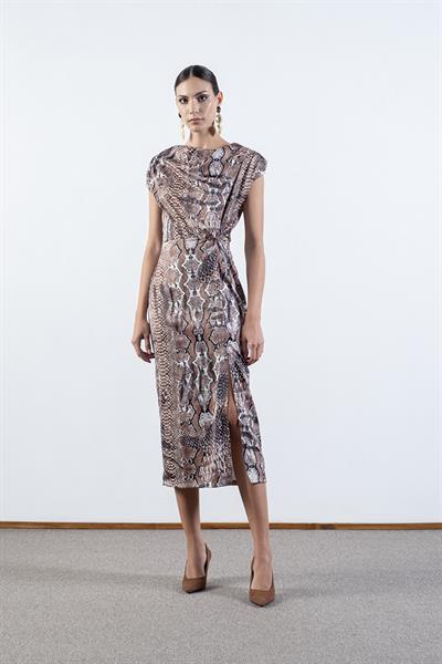 Ormano Degaje Yaka  Kolsuz Belde Düğüm Yırtmaçlı Elbise KAHVE