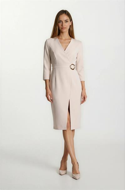 Ormea Kruvaze Belinde Toka Detaylı Yırtmaçlı Elbise TAŞ