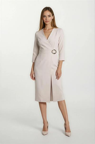 Ormea Kruvaze Belinde Toka Detaylı Yırtmaçlı Elbise TAŞ