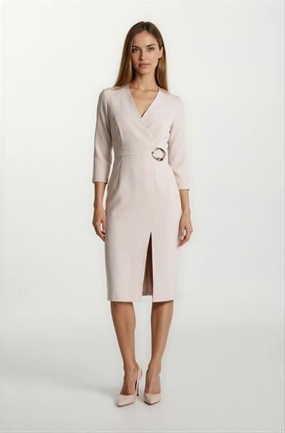 Ormea Kruvaze Belinde Toka Detaylı Yırtmaçlı Elbise TAŞ