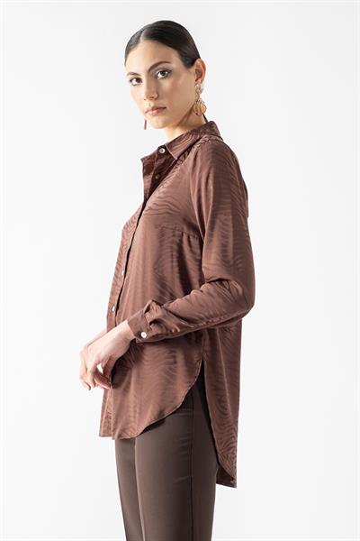 Ormeo Erkek Yaka Zebra Desen Klasik Gömlek KAHVE